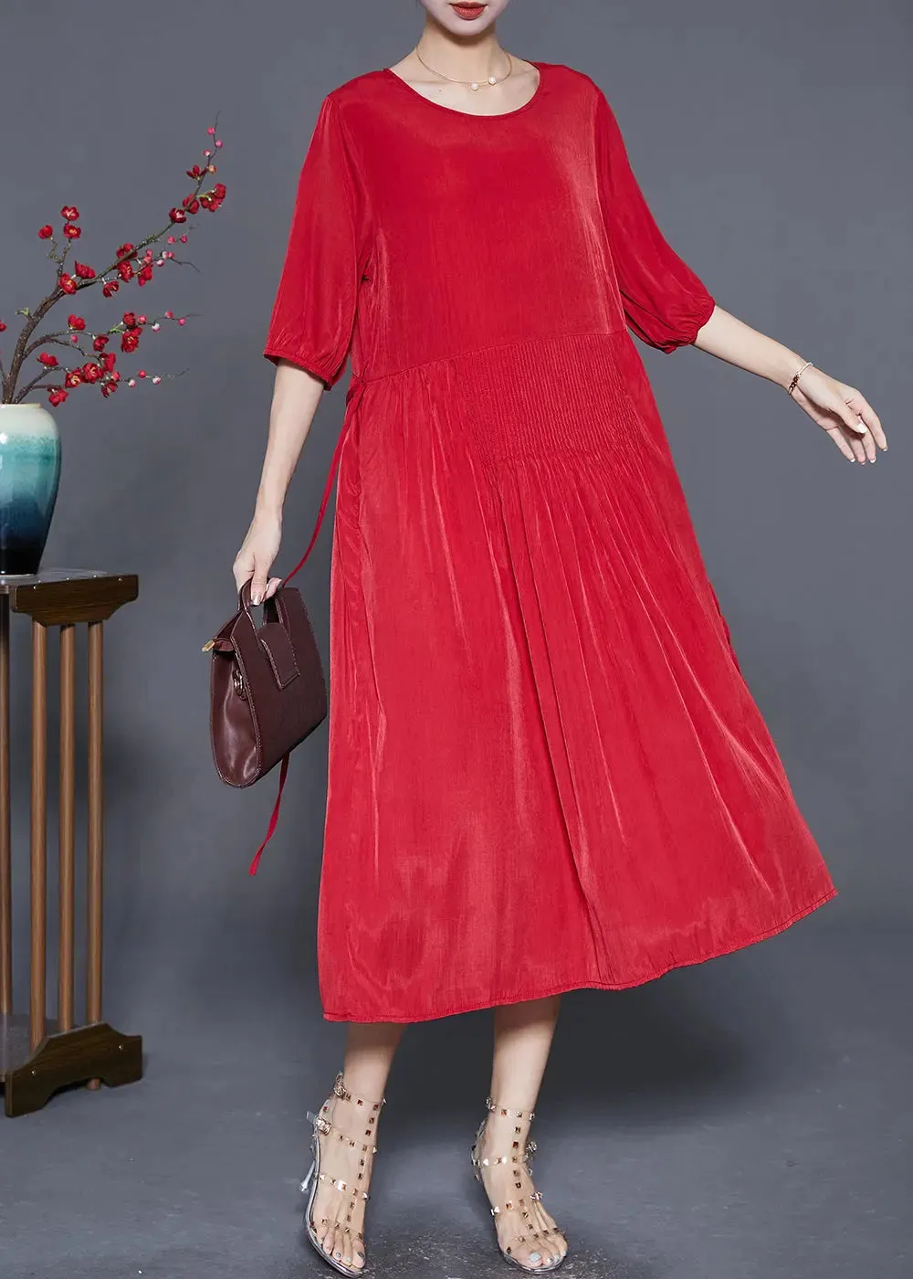 French Red Wrinkled Tie Waist Linen Long Dresses Summer LY8036