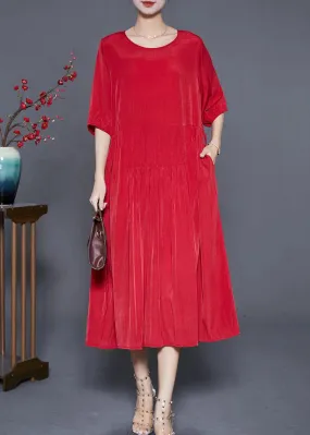 French Red Wrinkled Tie Waist Linen Long Dresses Summer LY8036