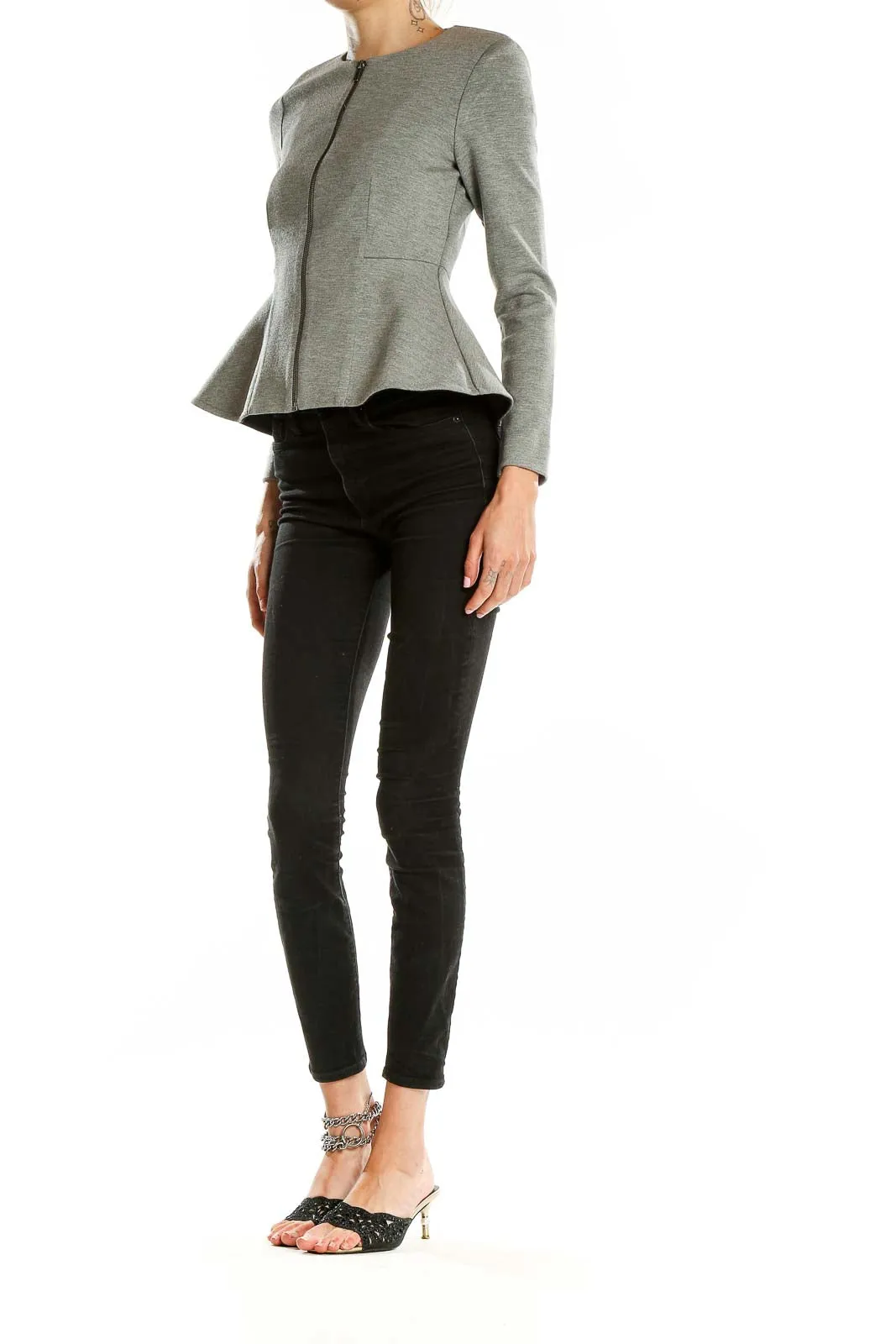 Gray Peplum Zip-Front Jacket