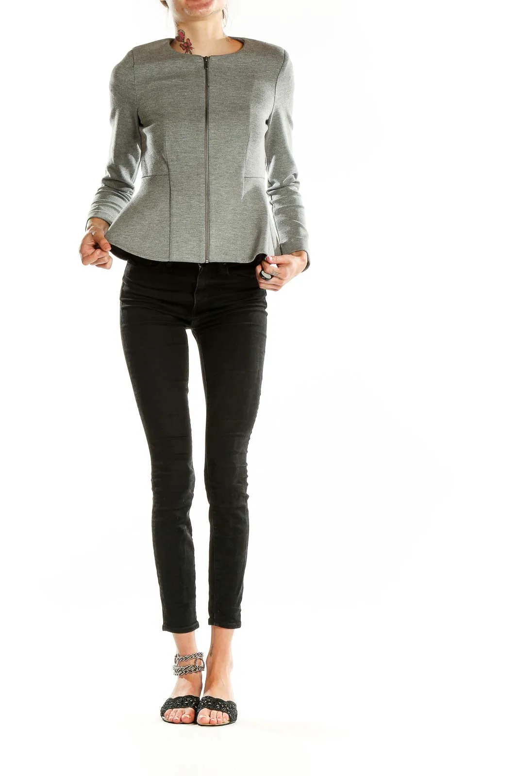 Gray Peplum Zip-Front Jacket