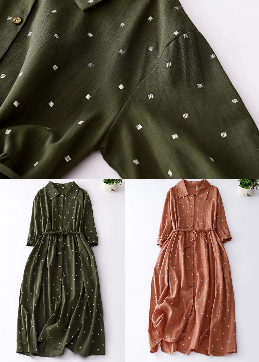 Green Print Patchwork Cotton Dresses Peter Pan Collar Tie Waist Summer LY7218