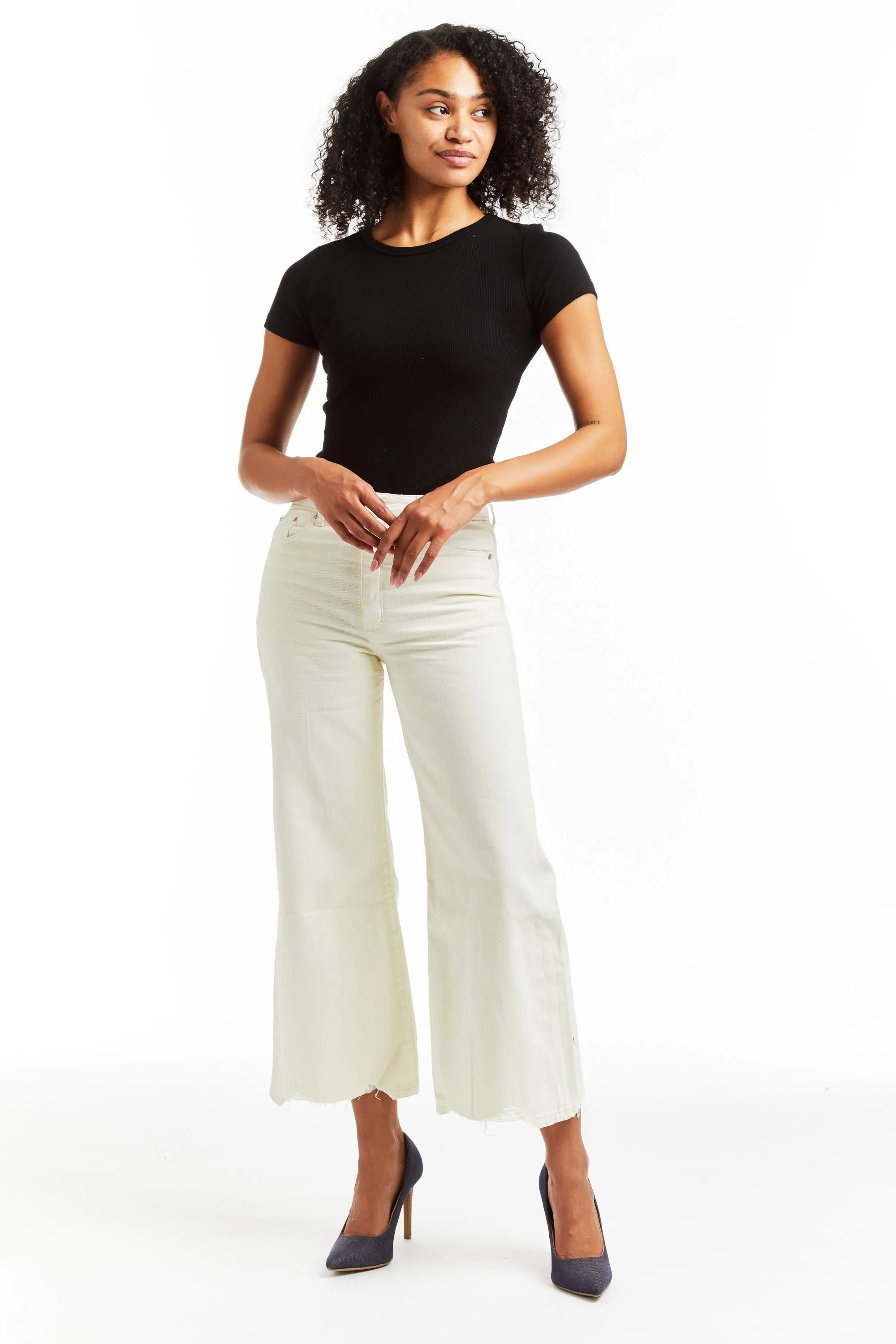 High Rise Distressed Hem Wide Culotte