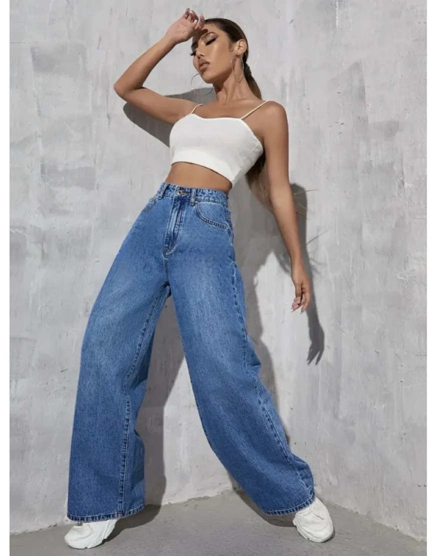 High Rise Wide Leg Jeans Stone Blue