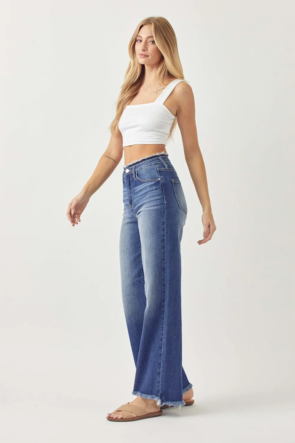 High Waist Raw Hem Wide Leg Jeans