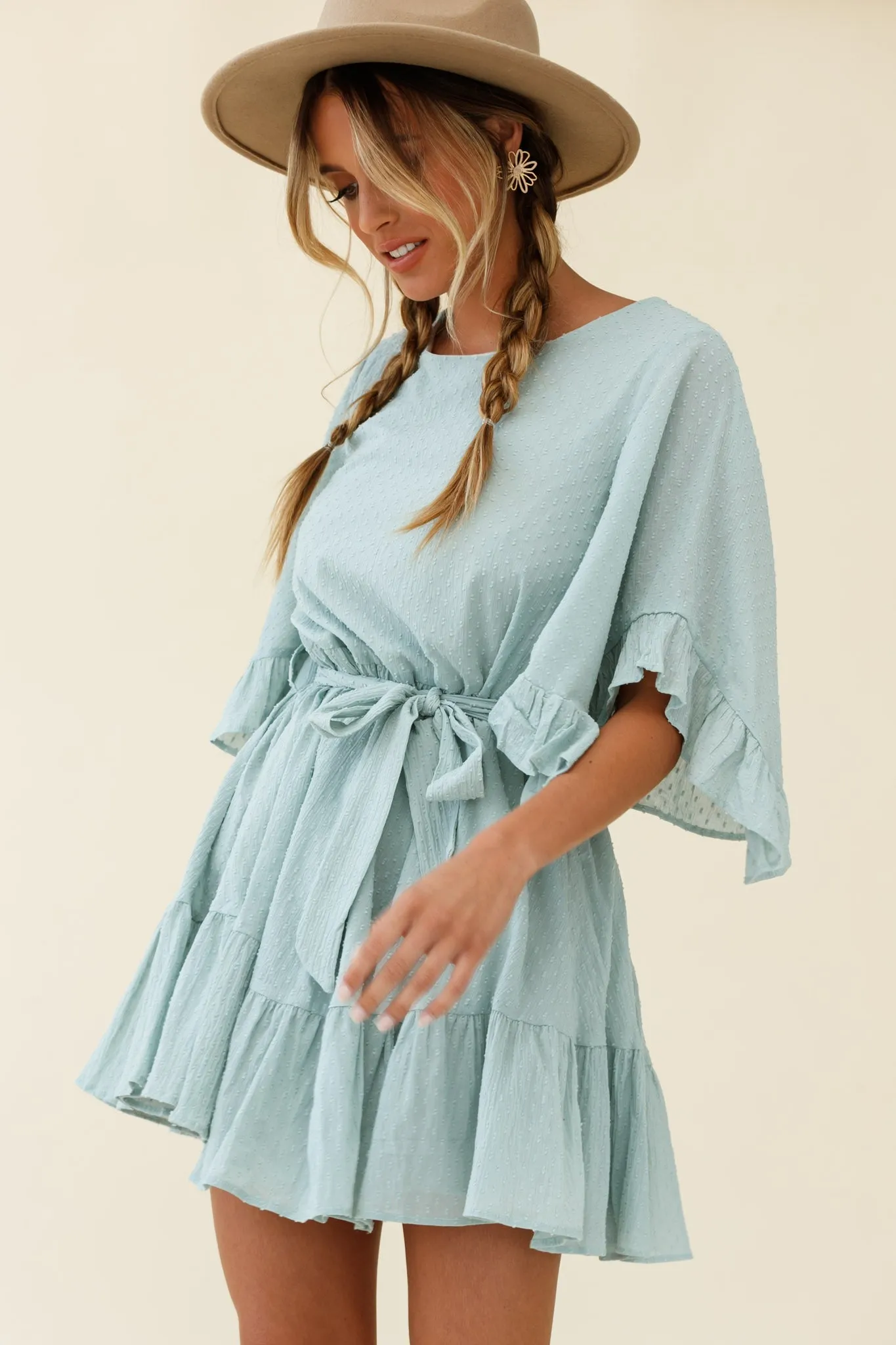 Joni Batwing Sleeve Waist Tie Dress Sage