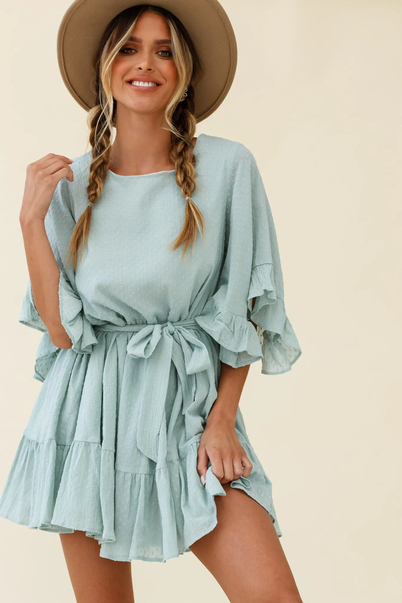 Joni Batwing Sleeve Waist Tie Dress Sage