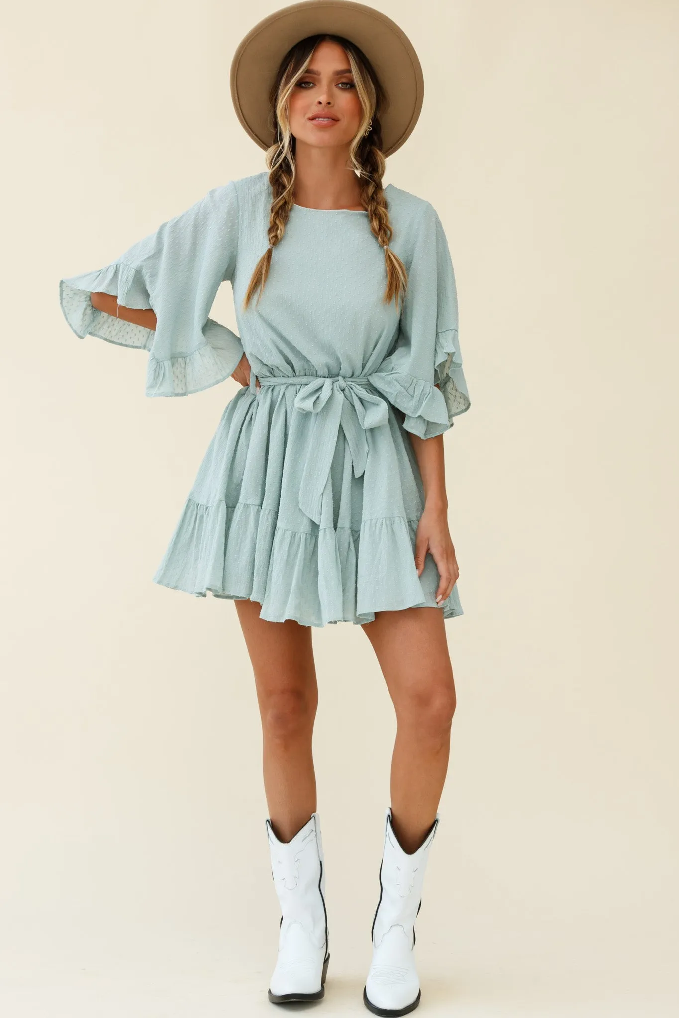 Joni Batwing Sleeve Waist Tie Dress Sage