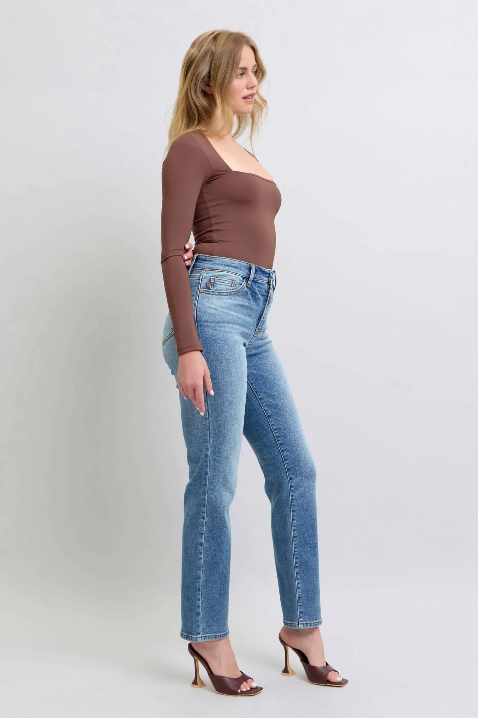 Judy Blue The Aspen High Rise Medium Wash Shearling Cuff Straight Leg Jeans | Sleek Denim Boutique