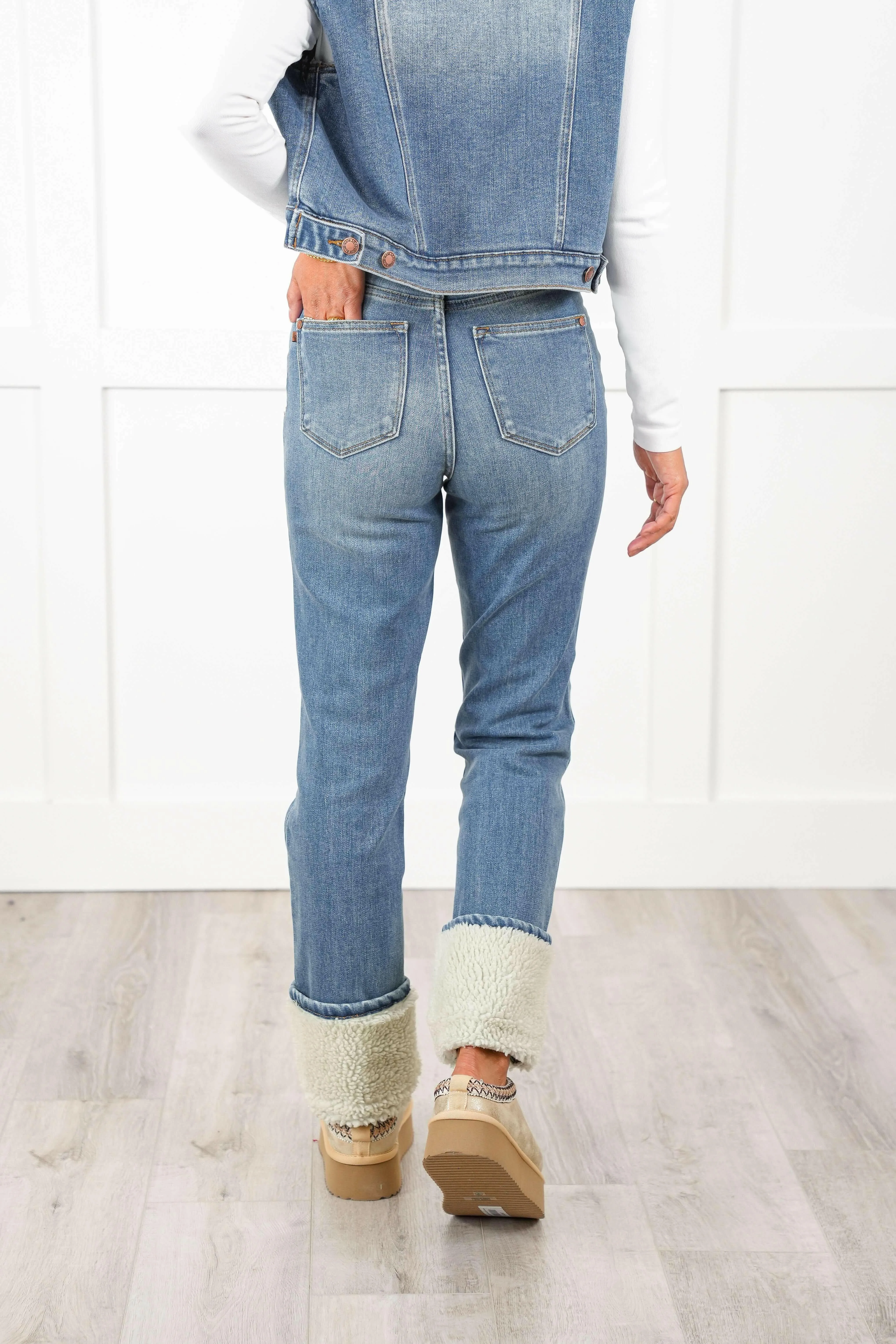 Judy Blue The Aspen High Rise Medium Wash Shearling Cuff Straight Leg Jeans | Sleek Denim Boutique