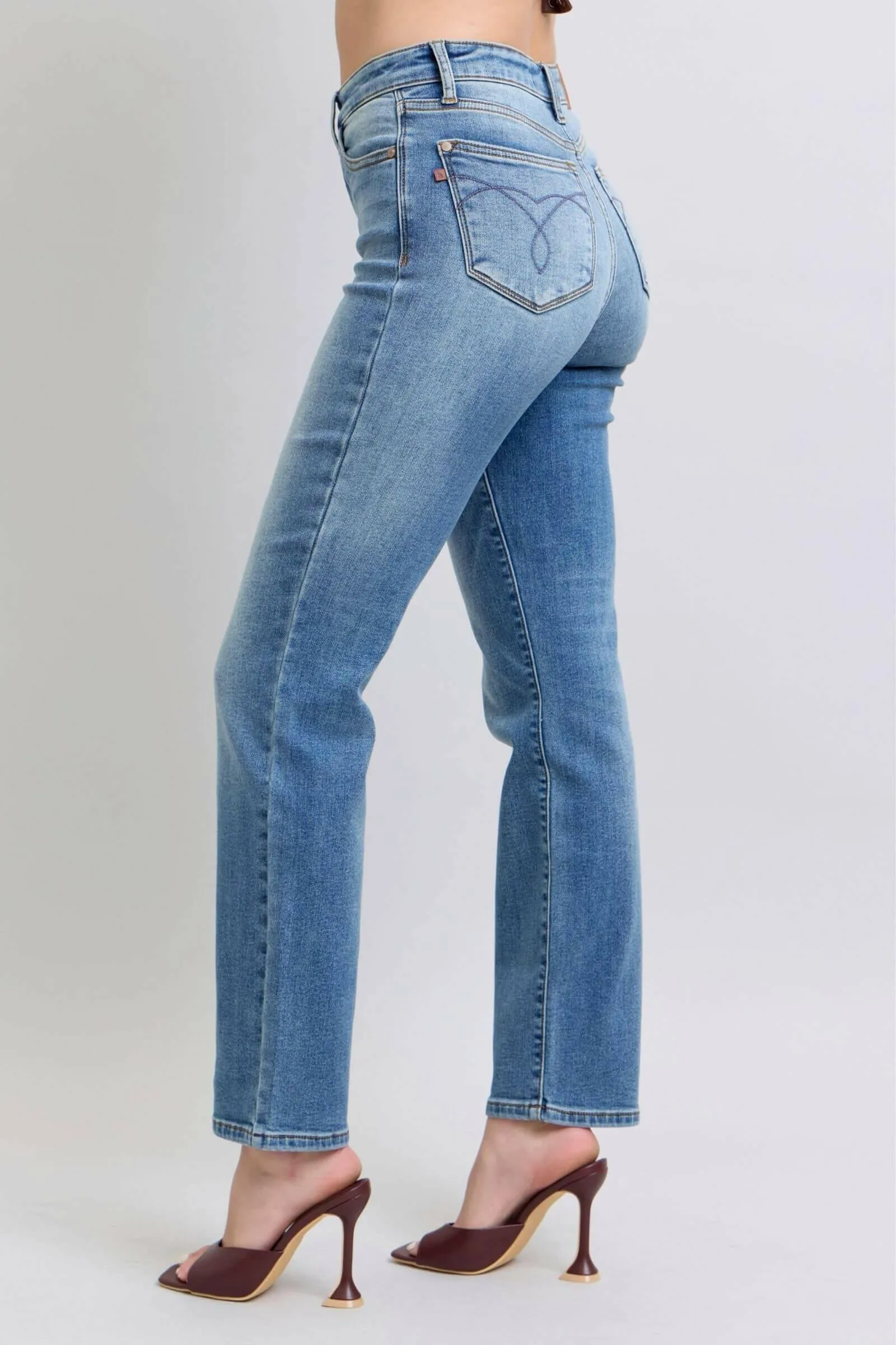 Judy Blue The Aspen High Rise Medium Wash Shearling Cuff Straight Leg Jeans | Sleek Denim Boutique