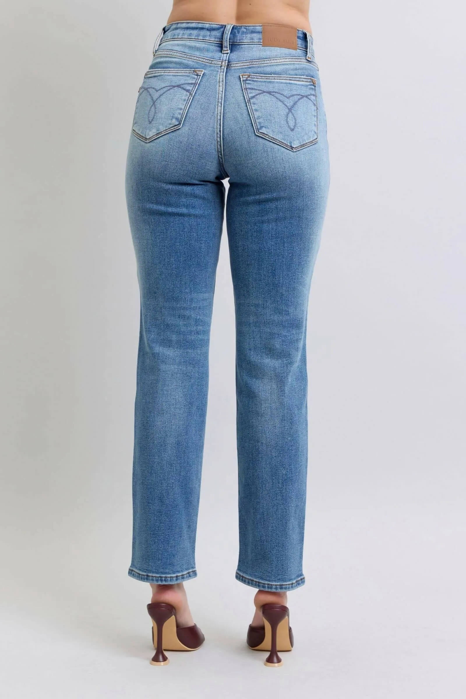 Judy Blue The Aspen High Rise Medium Wash Shearling Cuff Straight Leg Jeans | Sleek Denim Boutique