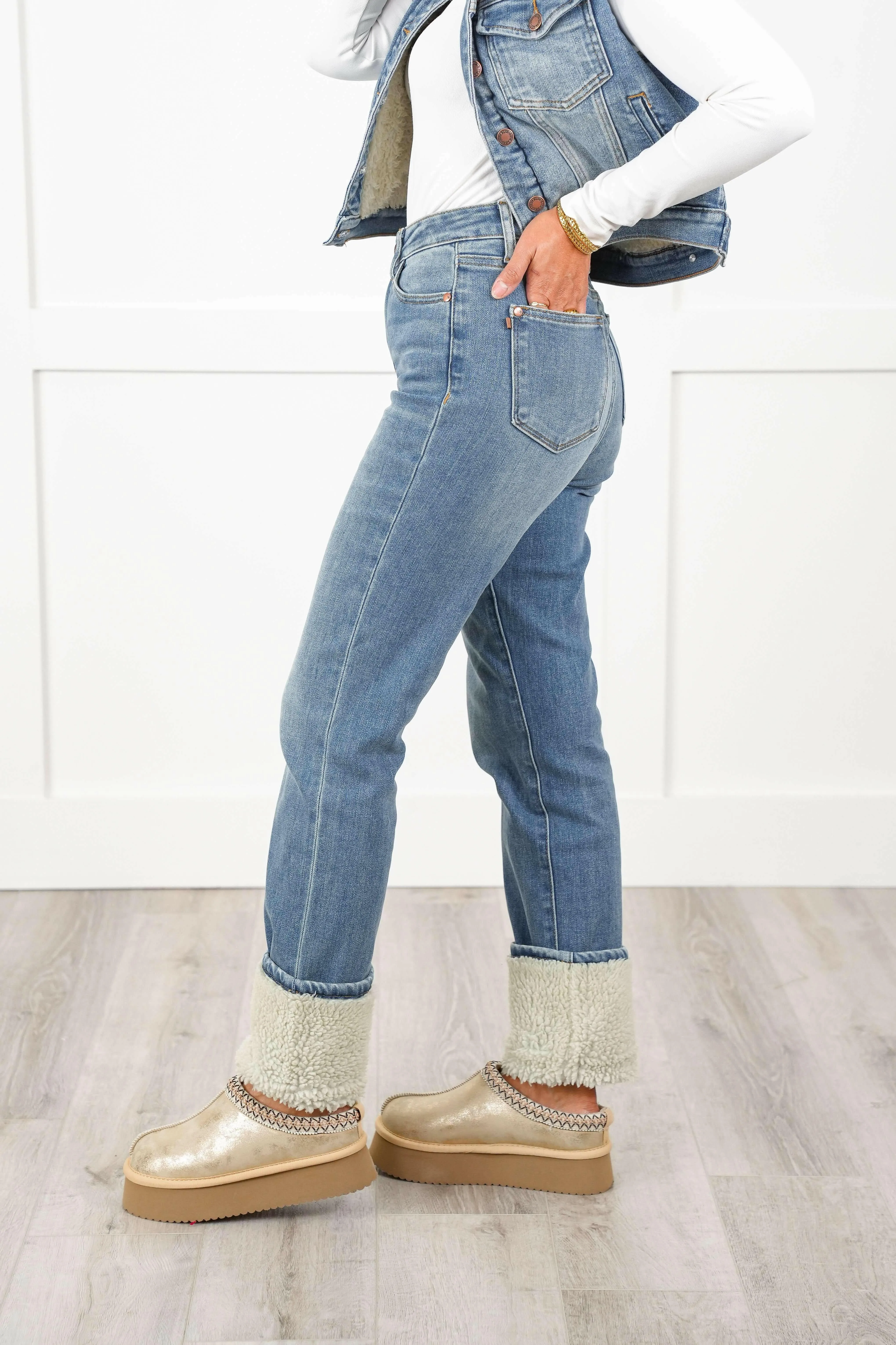 Judy Blue The Aspen High Rise Medium Wash Shearling Cuff Straight Leg Jeans | Sleek Denim Boutique