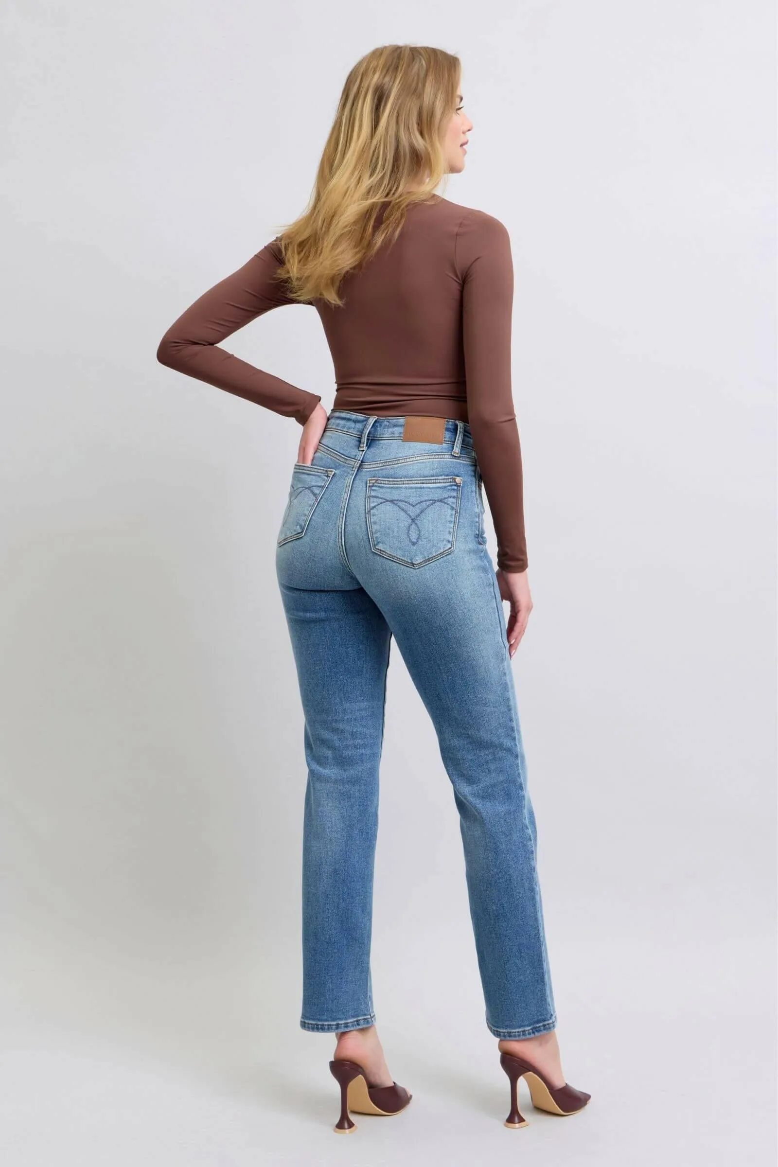 Judy Blue The Aspen High Rise Medium Wash Shearling Cuff Straight Leg Jeans | Sleek Denim Boutique