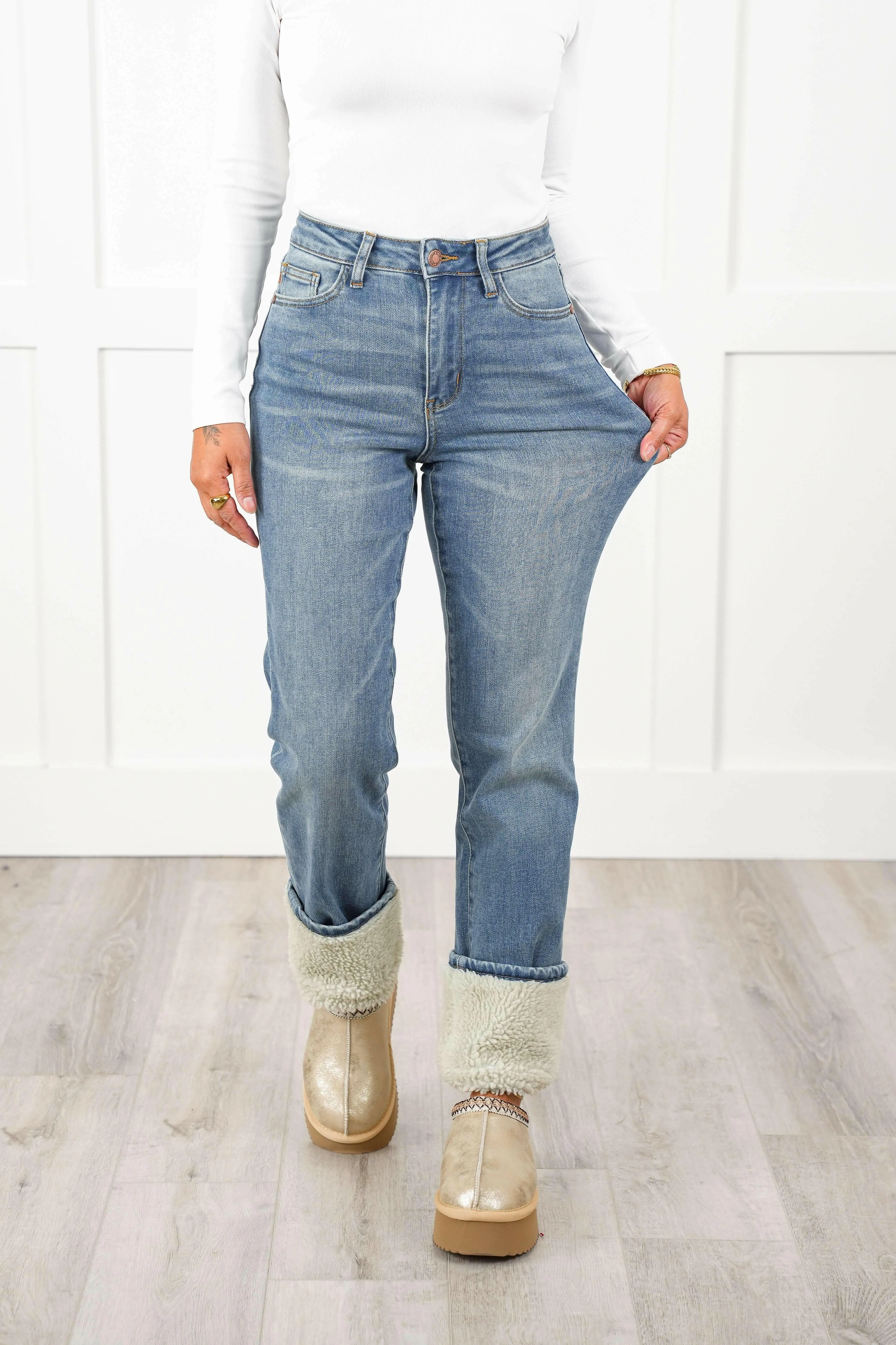 Judy Blue The Aspen High Rise Medium Wash Shearling Cuff Straight Leg Jeans | Sleek Denim Boutique