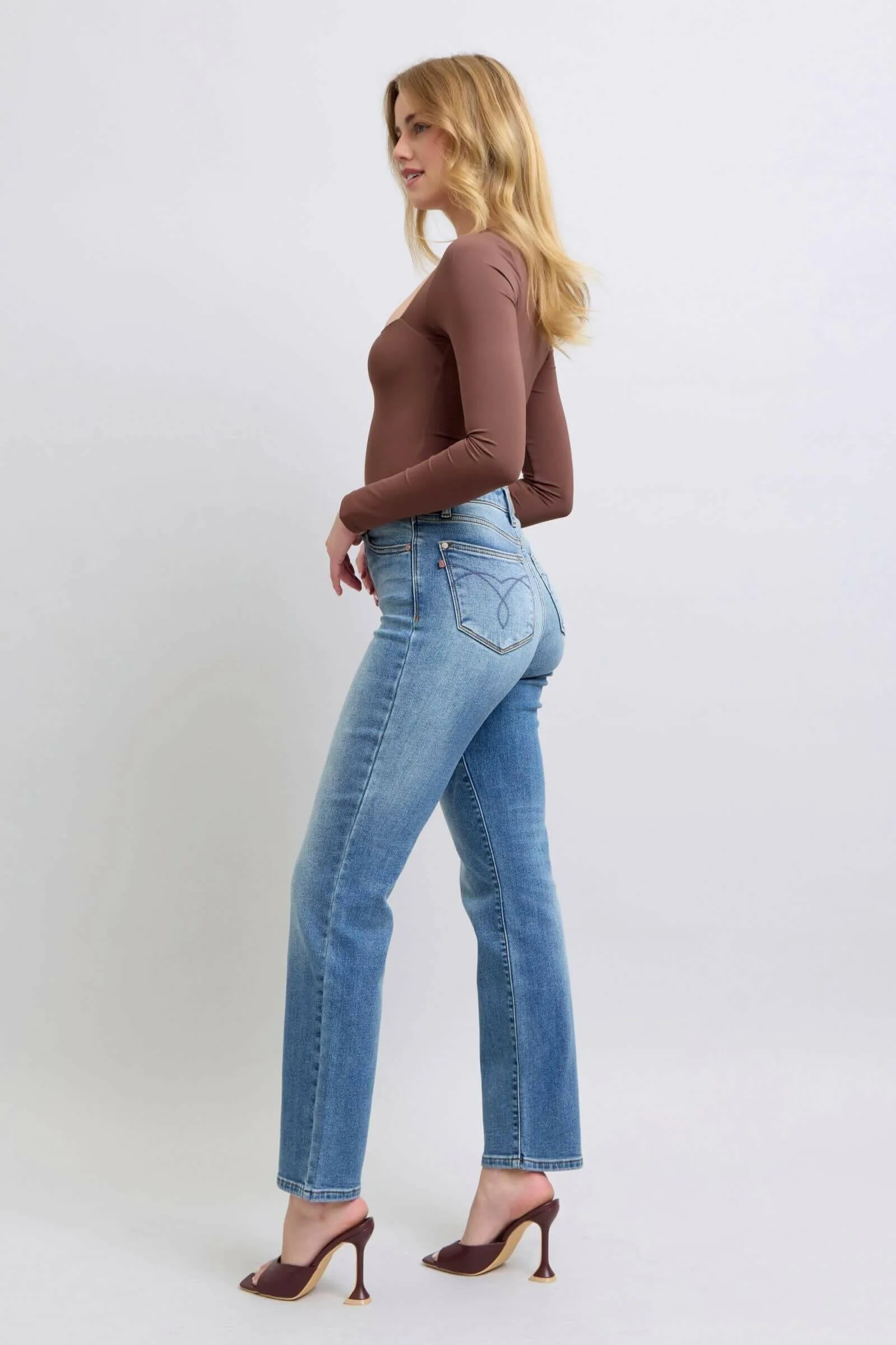 Judy Blue The Aspen High Rise Medium Wash Shearling Cuff Straight Leg Jeans | Sleek Denim Boutique