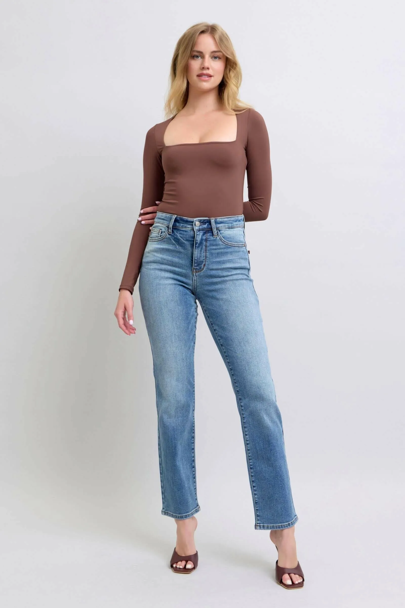 Judy Blue The Aspen High Rise Medium Wash Shearling Cuff Straight Leg Jeans | Sleek Denim Boutique