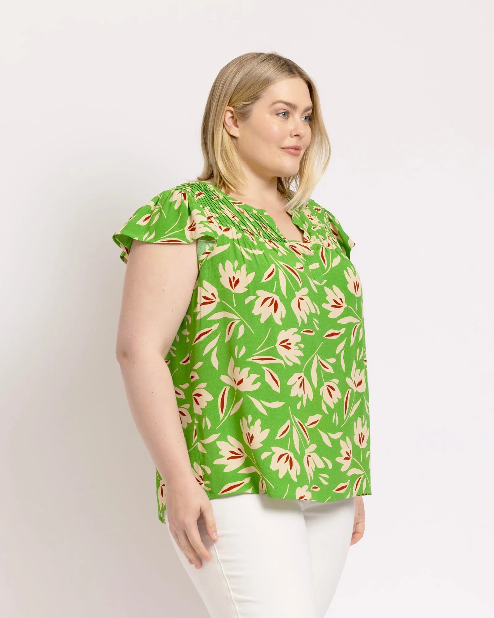 Novah Floral Top with Split Neck | O046 LIME