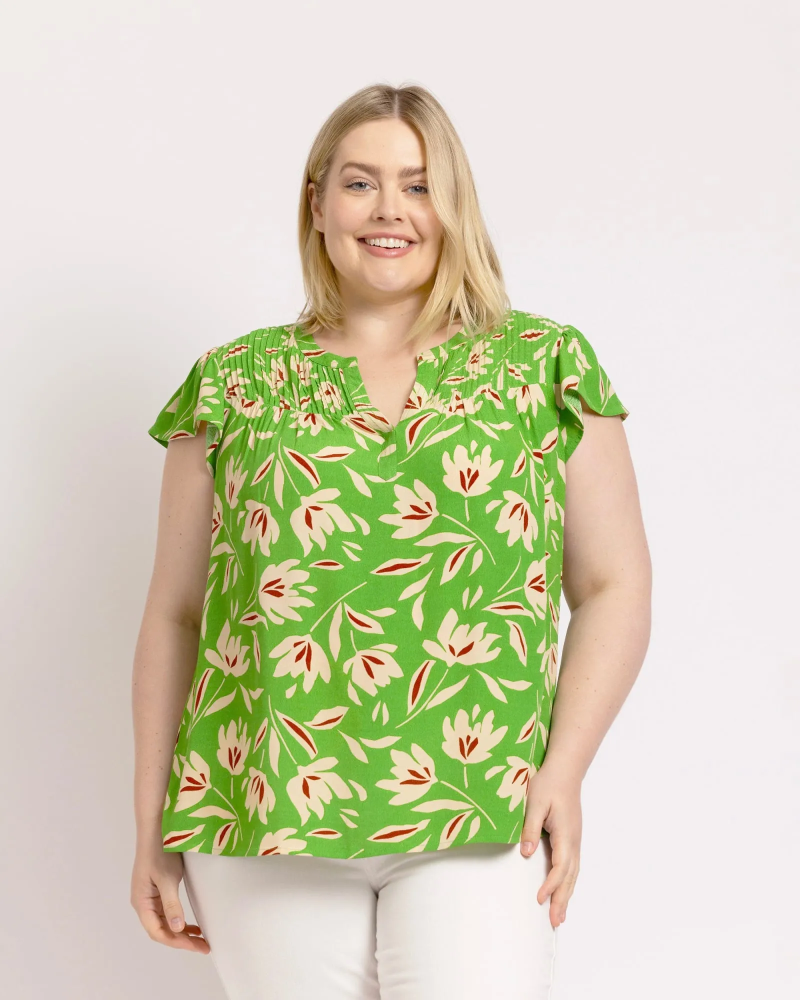 Novah Floral Top with Split Neck | O046 LIME