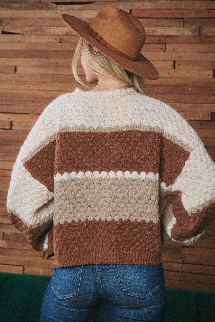 Oddi Color Block Cable Knit Sweater in Brown Multi