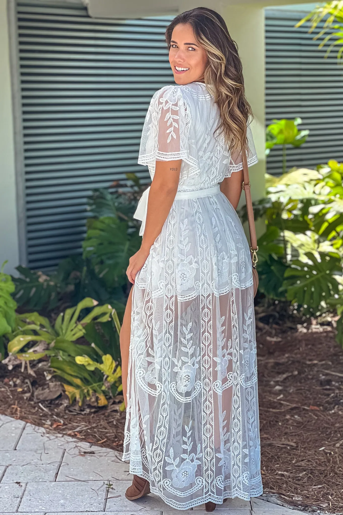 Off White Lace Maxi Dress With Slit And Tie Waist