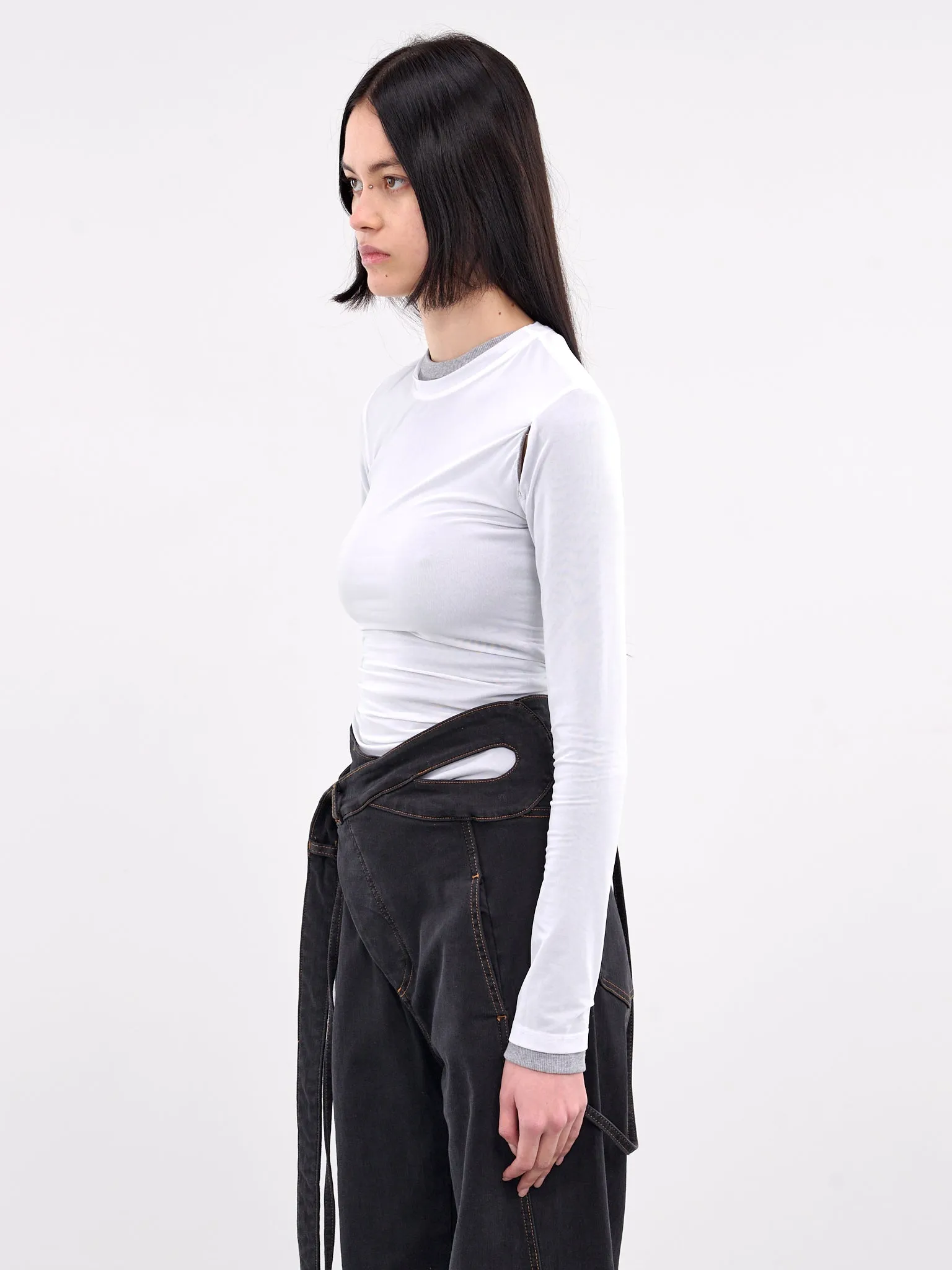 Overlay Peephole Rib Top (24041286-WHITE-GREY-MARLE)