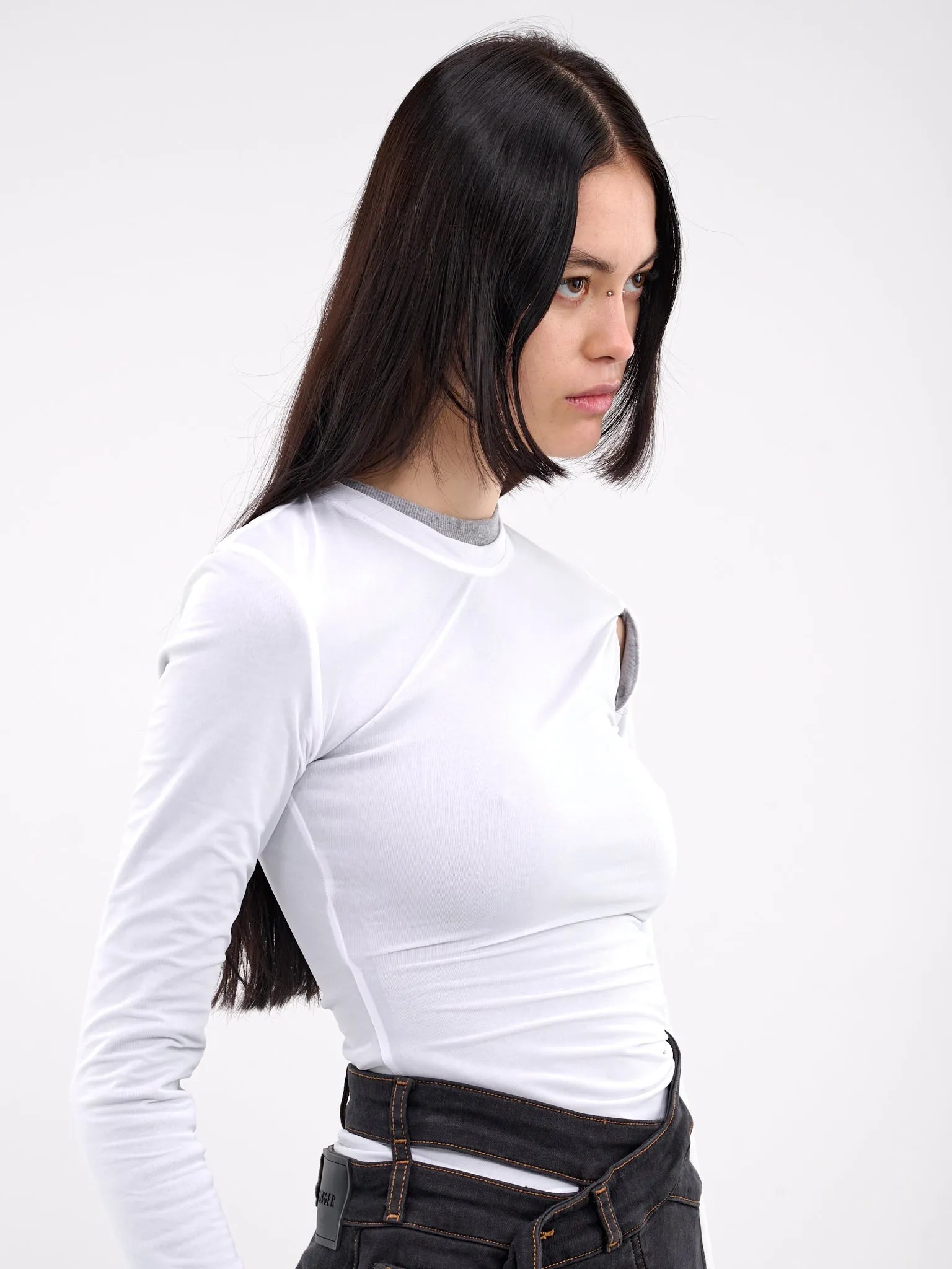 Overlay Peephole Rib Top (24041286-WHITE-GREY-MARLE)