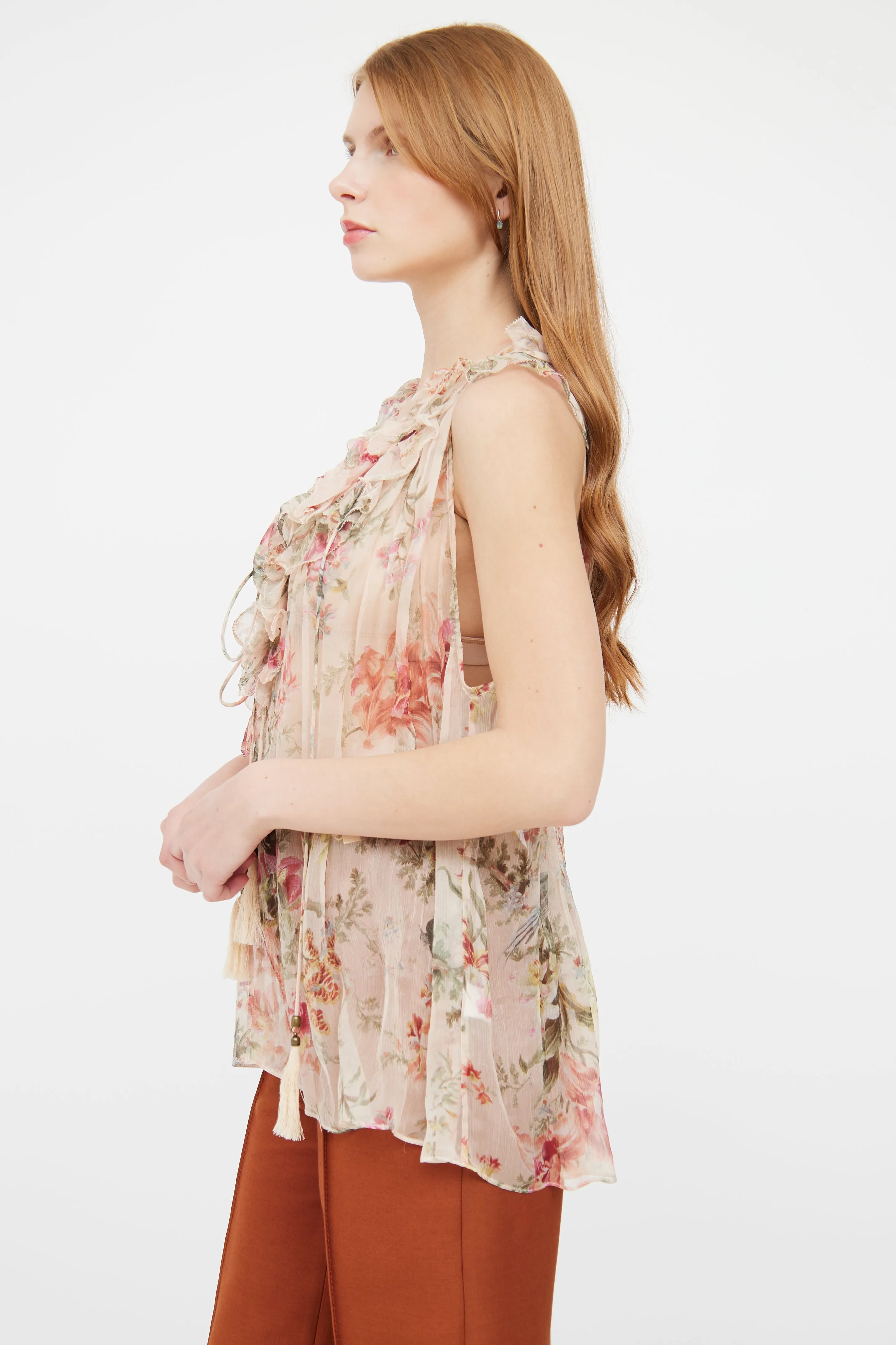 Pink Sheer Silk Ruffle Sleeveless Top