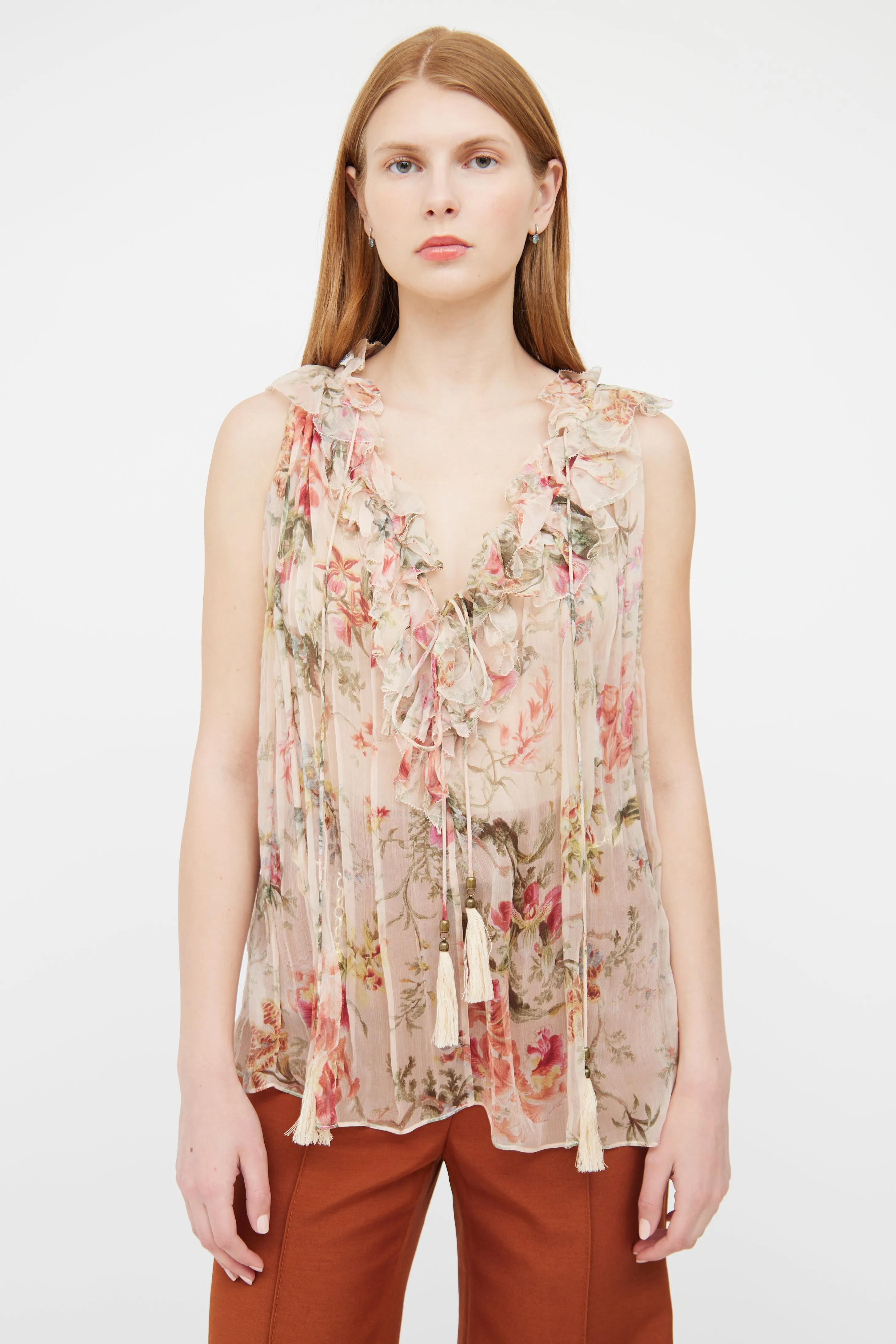 Pink Sheer Silk Ruffle Sleeveless Top