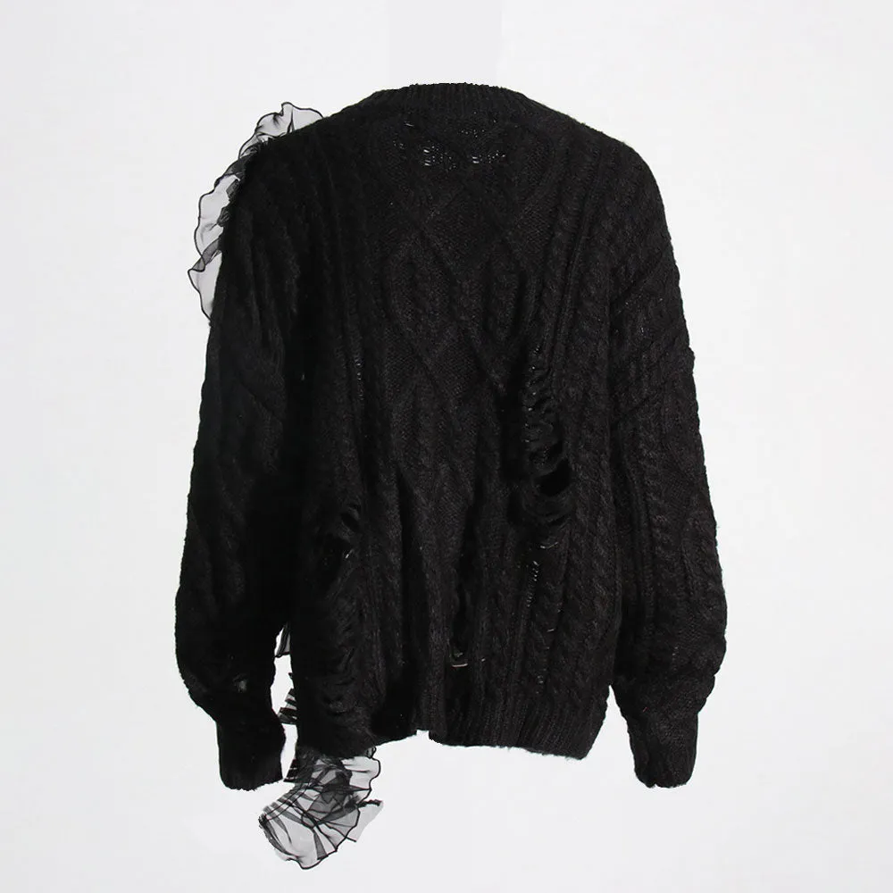 Punk Crew Neck Ruffle Detail Distressed Trim Cable Knit Oversized Sweater