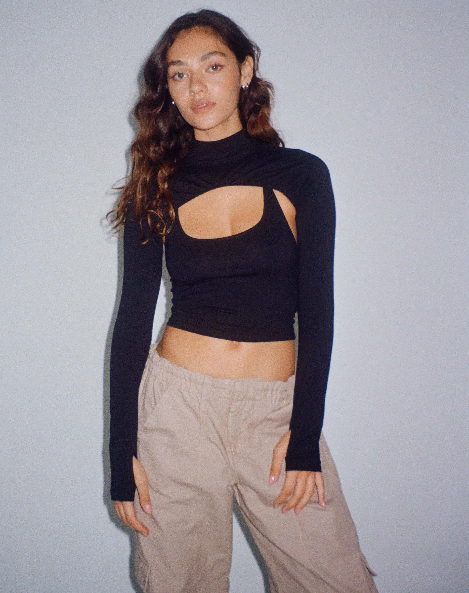 Raccet Long Sleeve Crop Top in Black