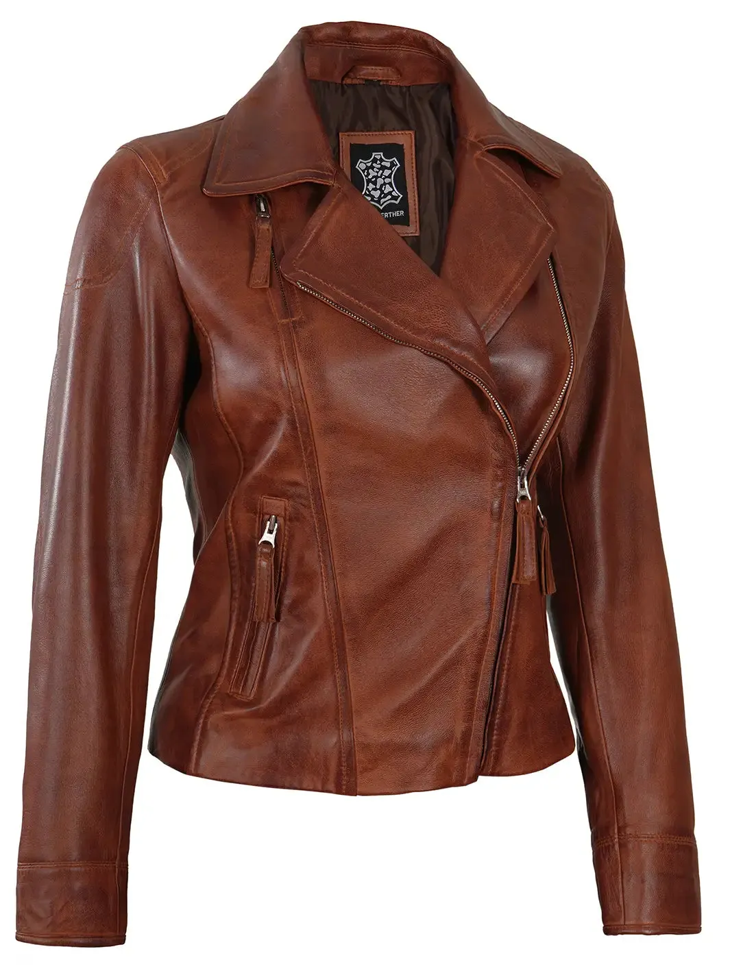 Ramsey Women's Cognac Fitted Asymmetrical Leather Jacket