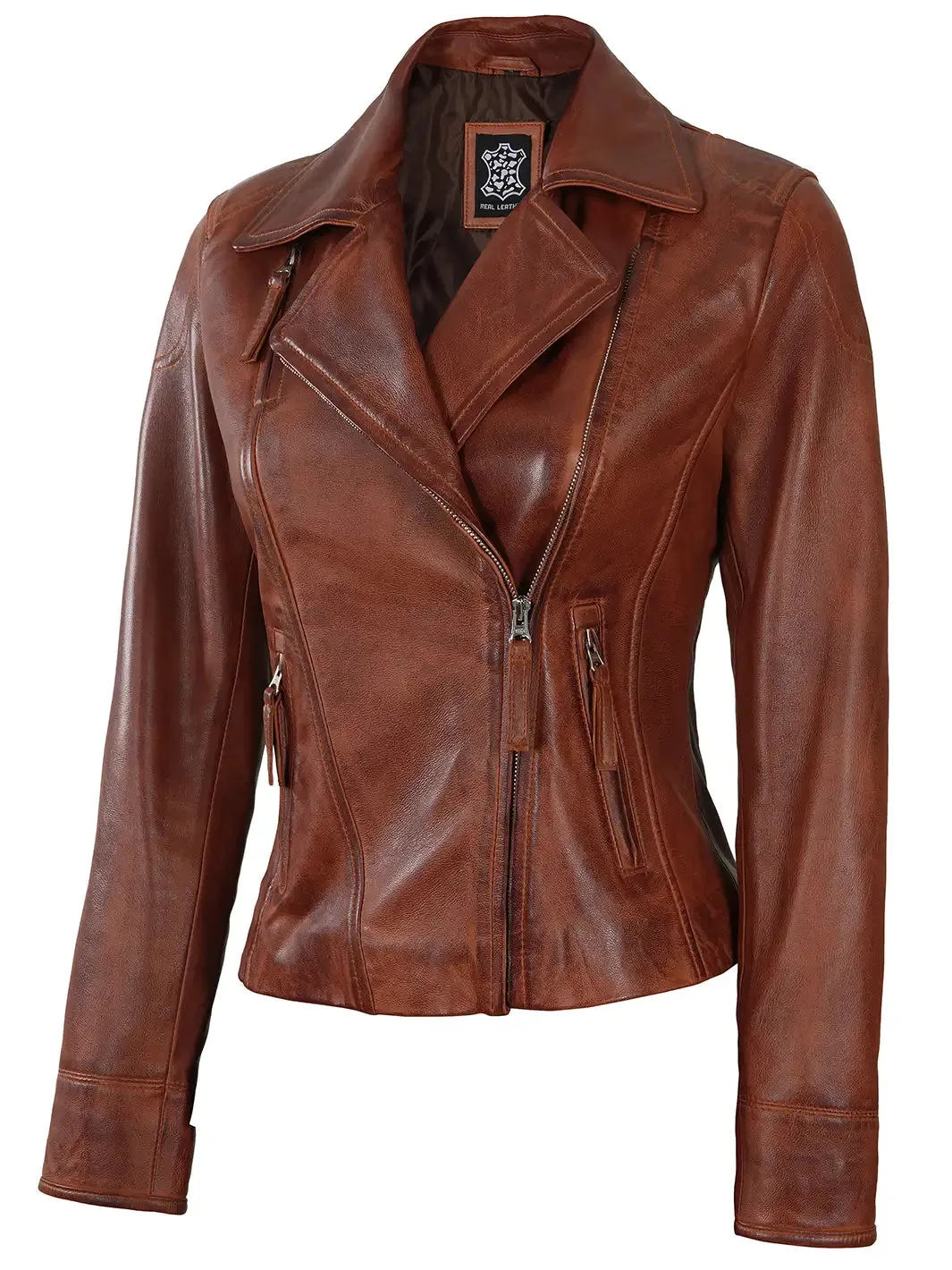 Ramsey Women's Cognac Fitted Asymmetrical Leather Jacket