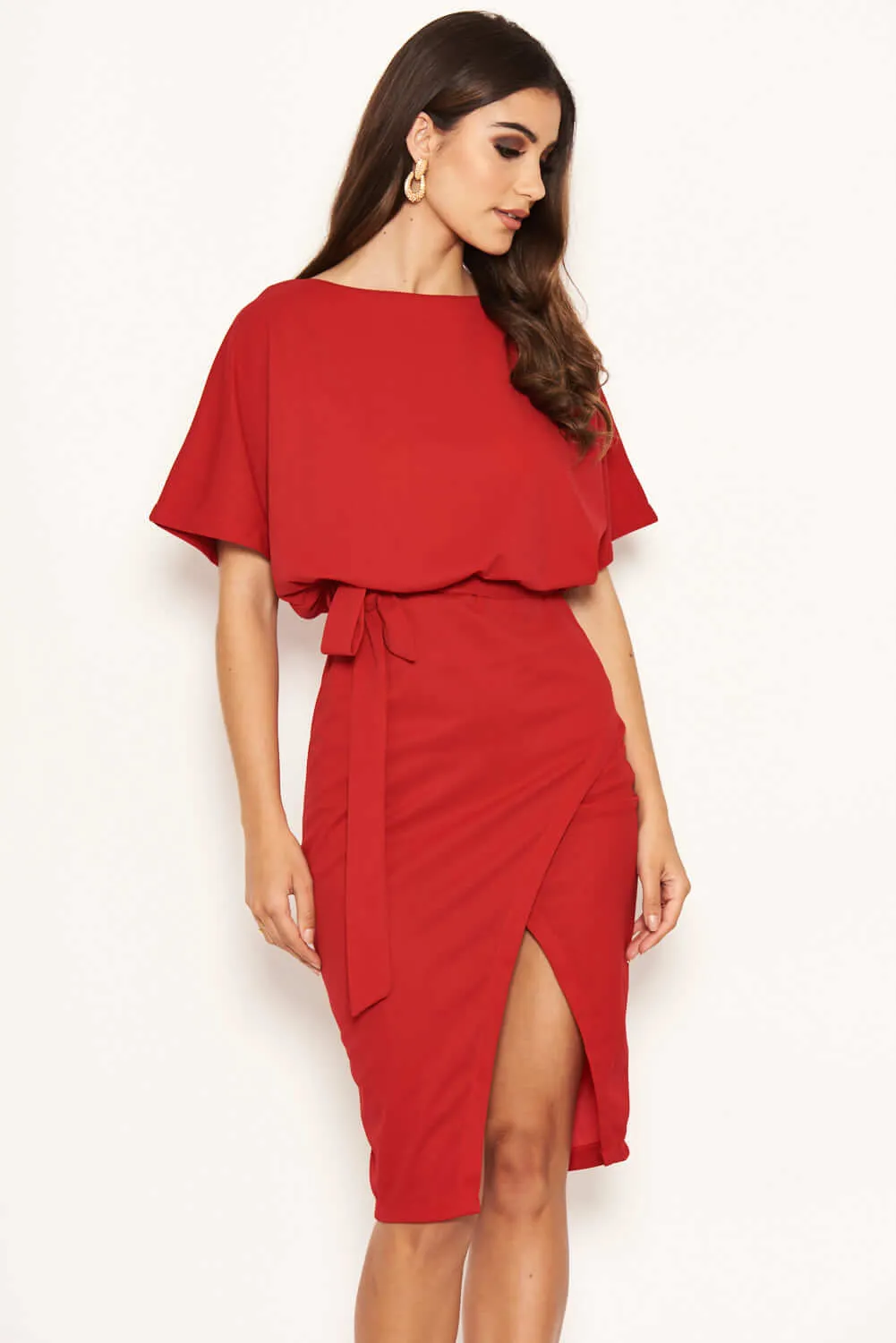 Red Tie Waist Midi Dress