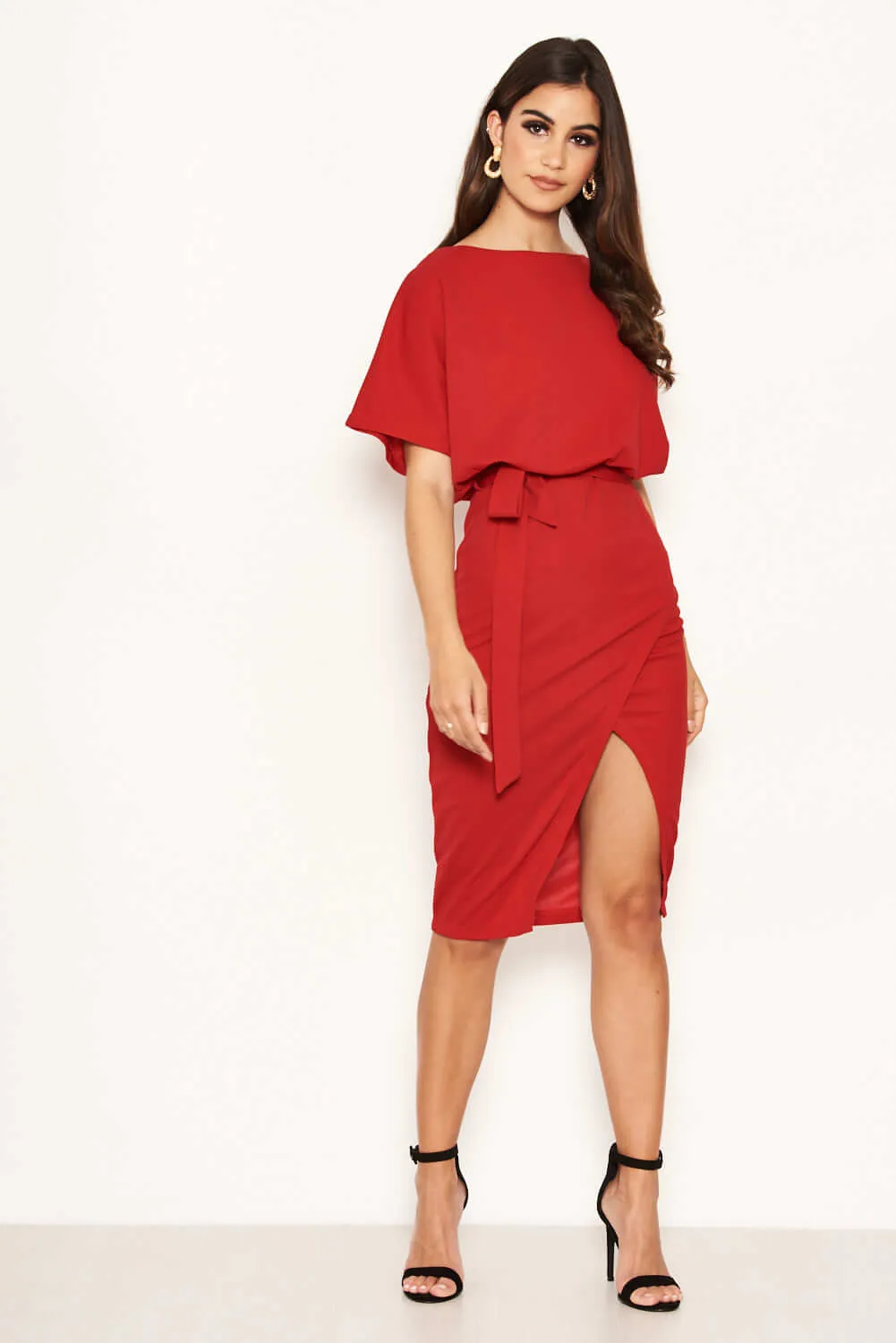 Red Tie Waist Midi Dress