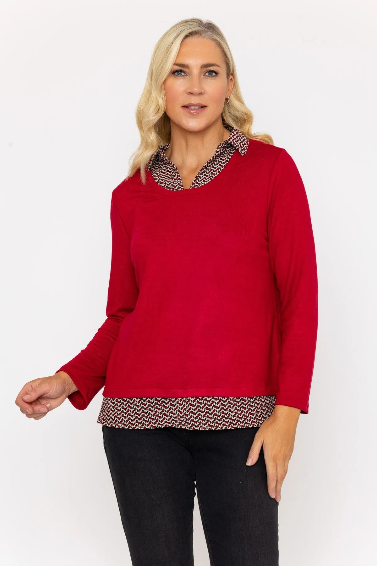 Red Top With Print Collar & Hem