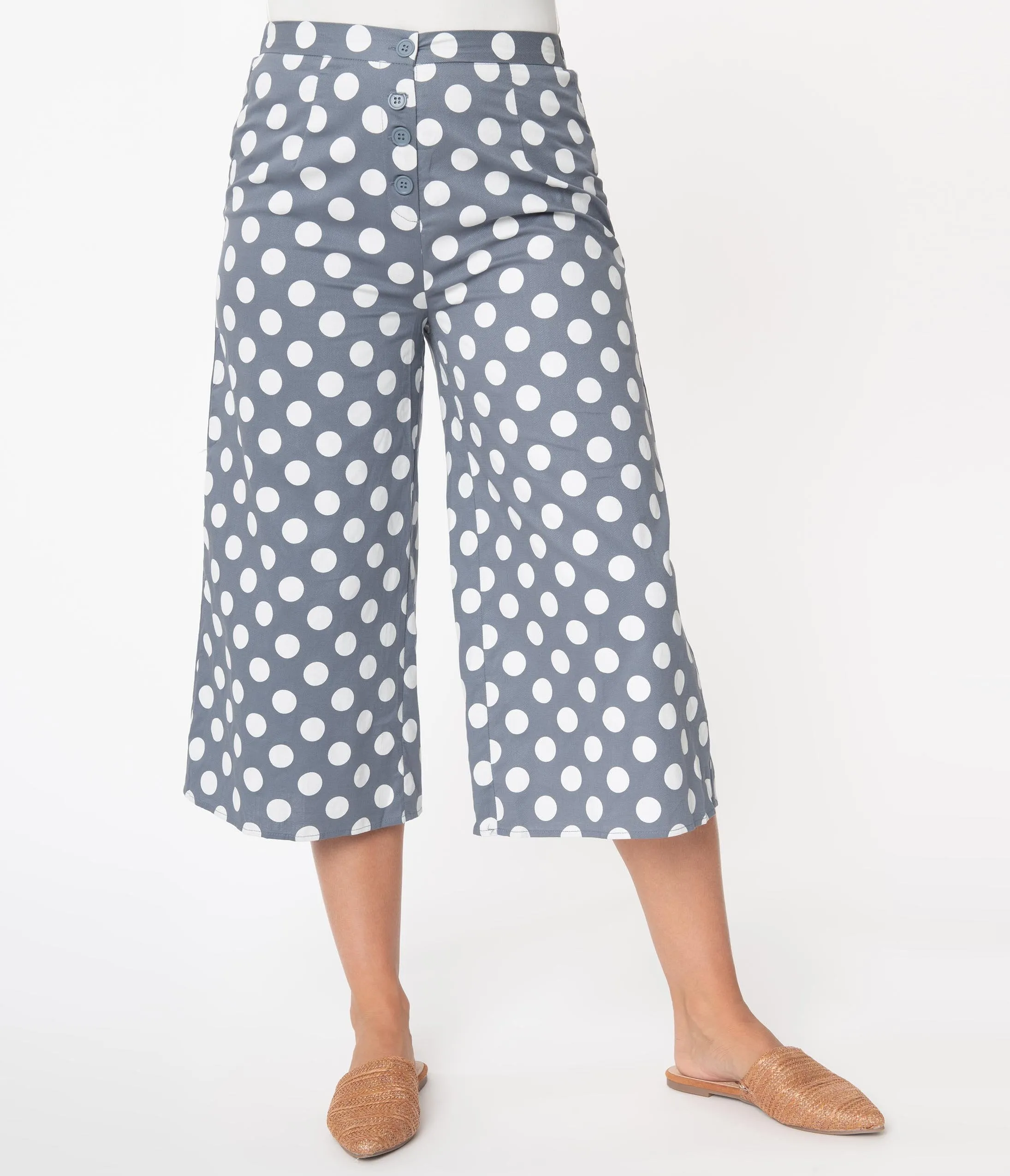 Retro Style Grey & White Polka Dot Culotte Pants