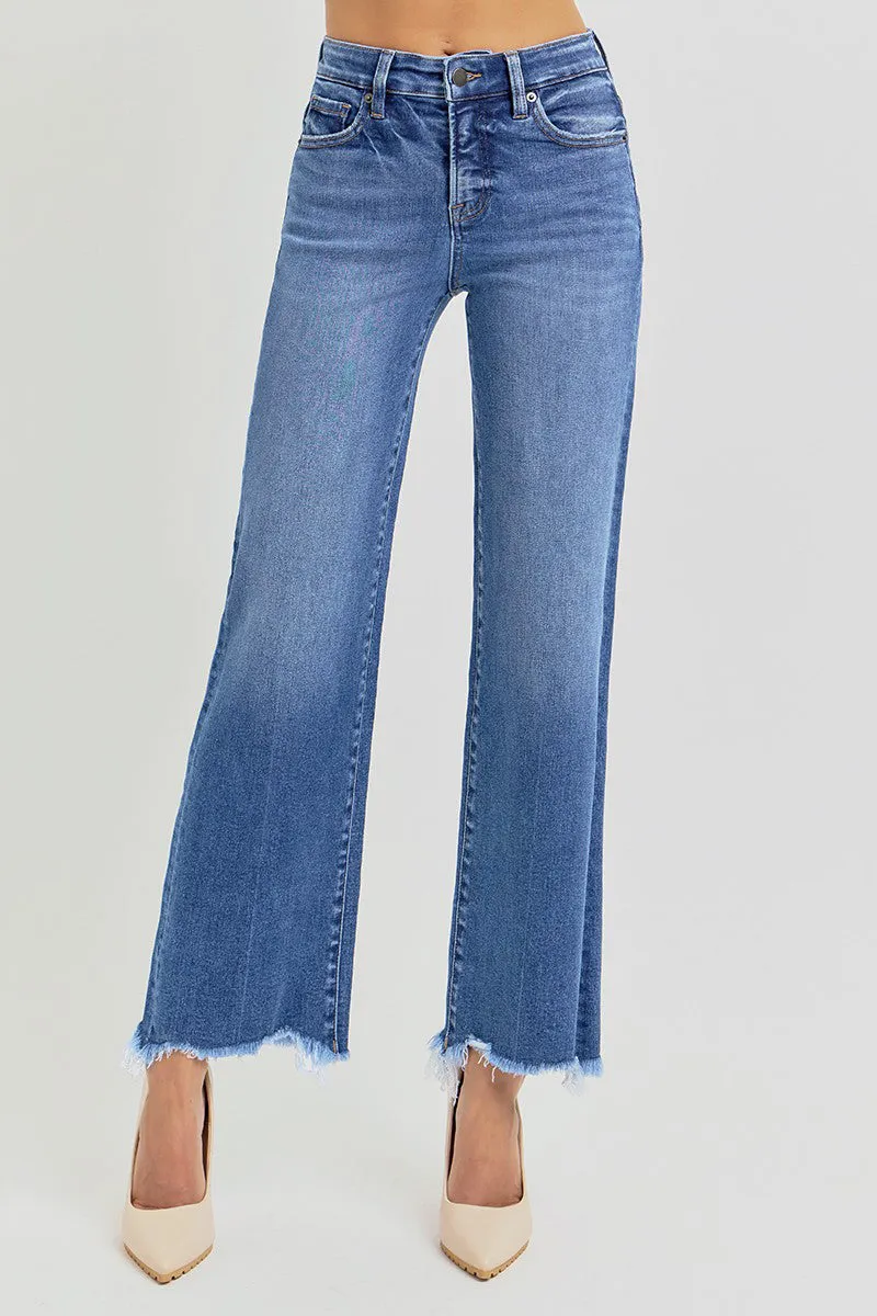 Risen Tummy Control Frayed Uneven Hem Straight Jeans