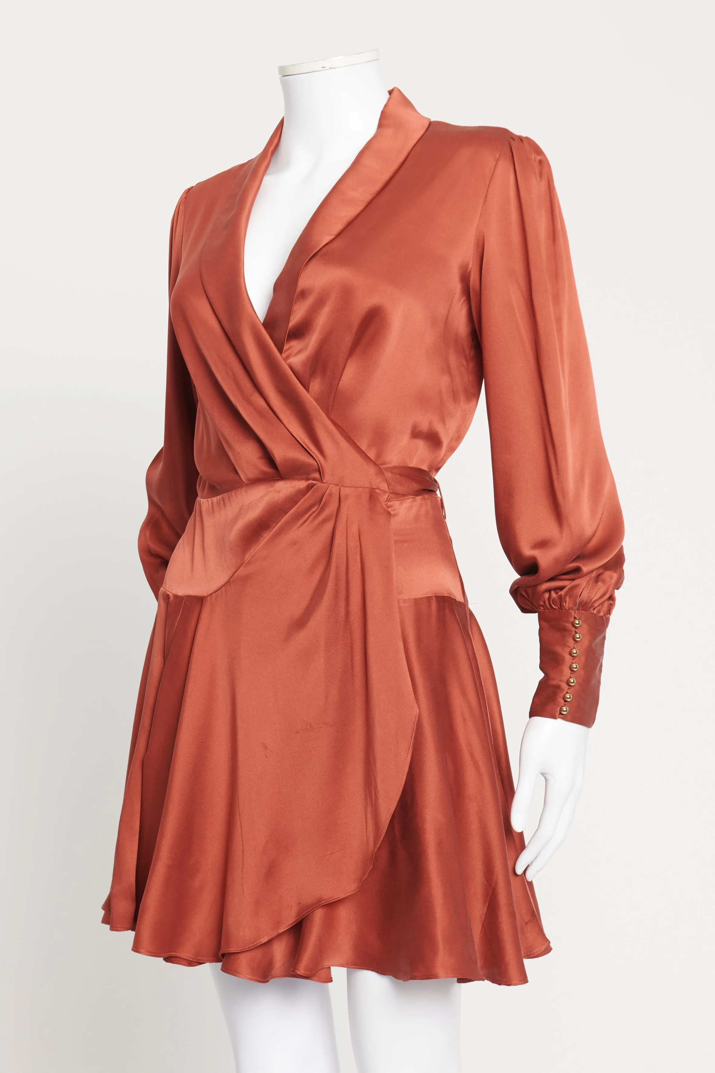 Rust Silk Plunge-Neck Wrap-Over Preowned Mini Dress