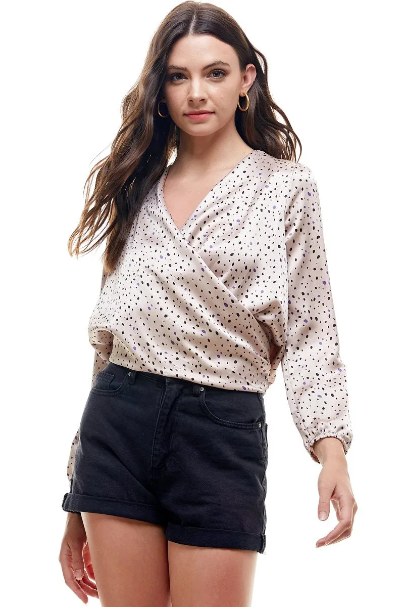 Small Dot Printed Surplice Wrap Blouse Top