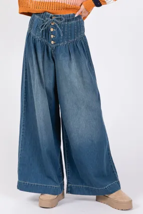 Smocked Waist Band Wide Leg Jeans