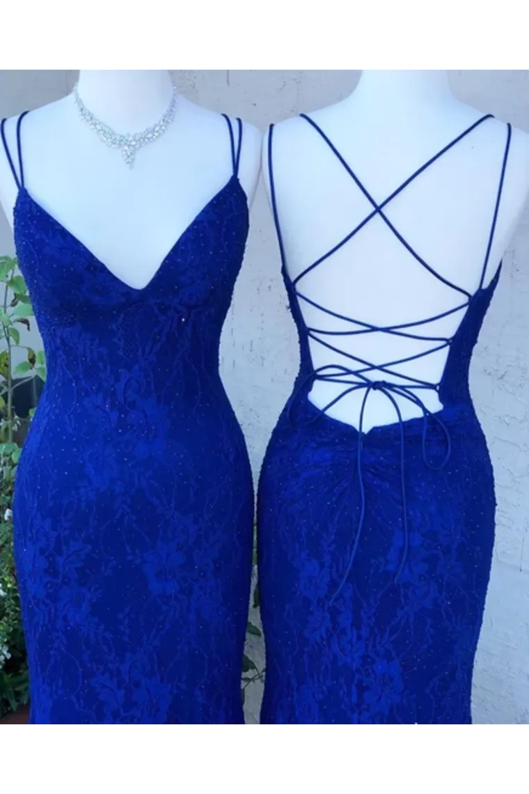 Spaghetti Crossed Straps Royal Blue Mermaid Prom Dresses V Neck Lace Formal Dresses