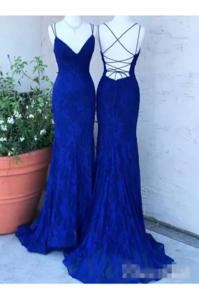 Spaghetti Crossed Straps Royal Blue Mermaid Prom Dresses V Neck Lace Formal Dresses