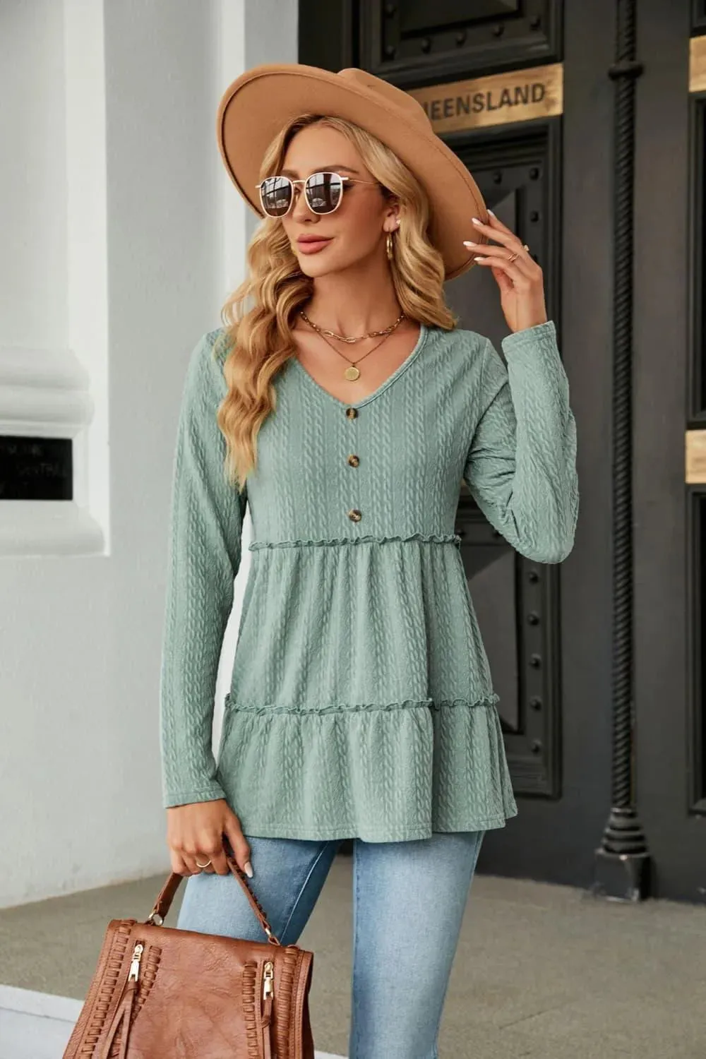 Stylish Long Sleeve V-Neck Cable-Knit Blouse: Shop Now Elevate Your  Wardrobe