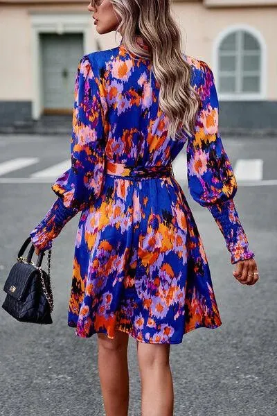 Stylish Mock Neck Print Dress with Tie Waist