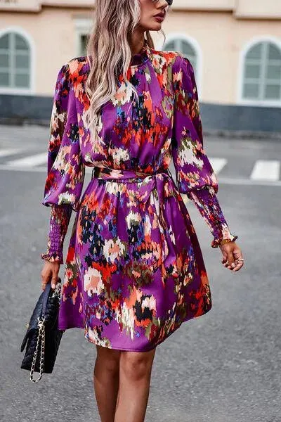 Stylish Mock Neck Print Dress with Tie Waist