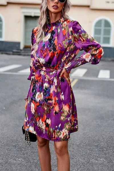 Stylish Mock Neck Print Dress with Tie Waist