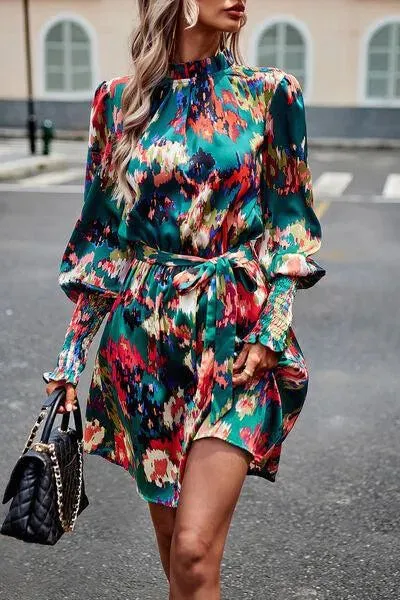 Stylish Mock Neck Print Dress with Tie Waist