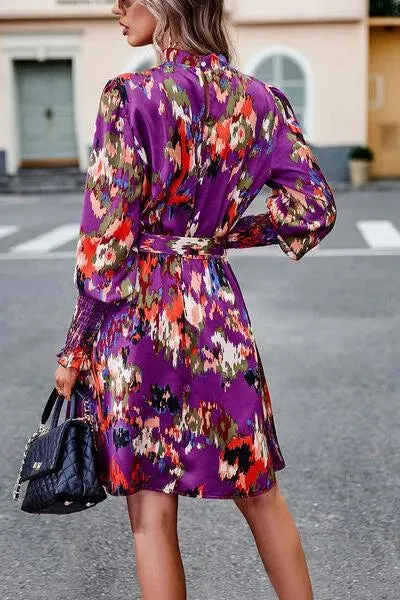 Stylish Mock Neck Print Dress with Tie Waist