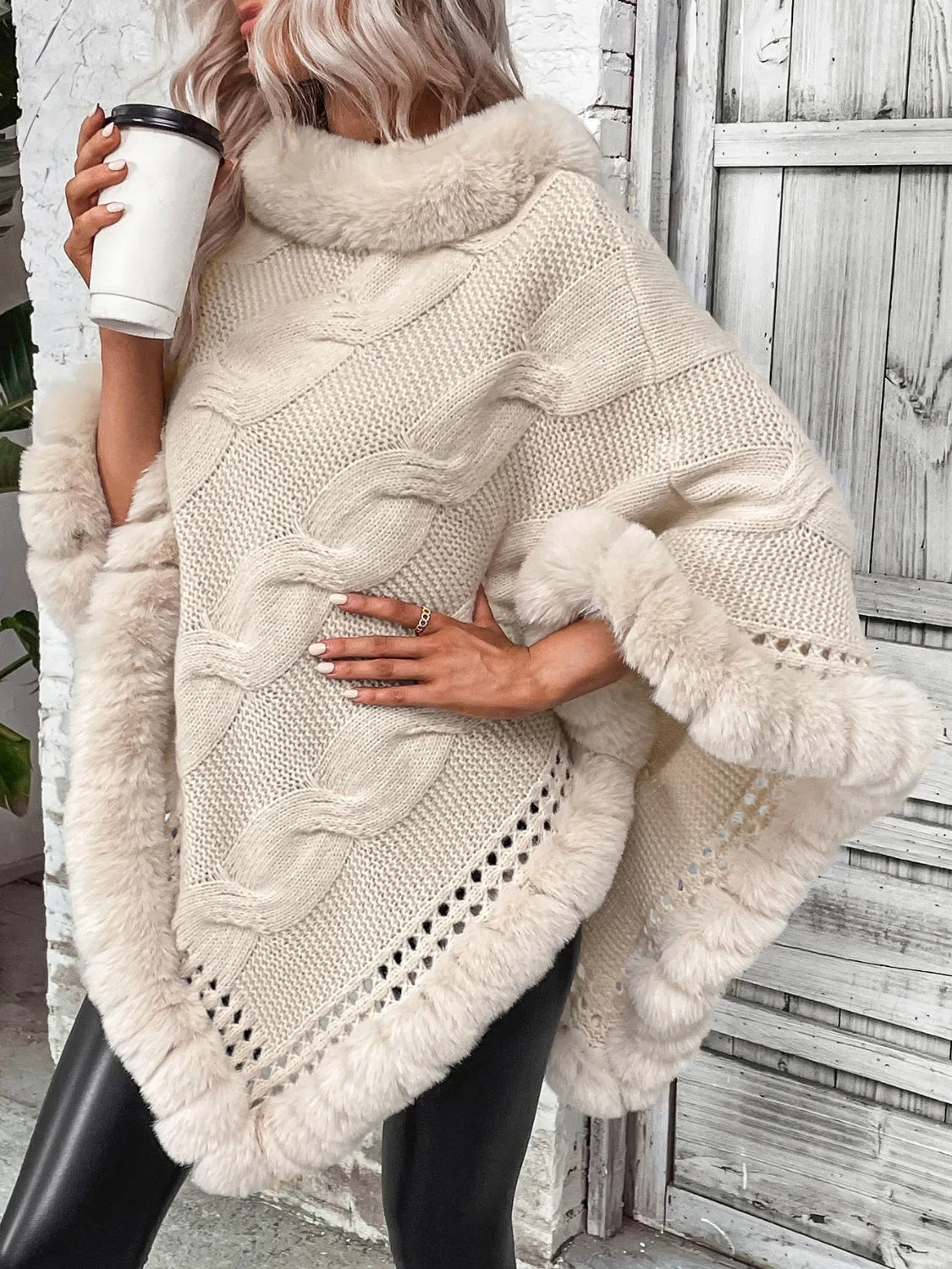 TastyHottie - Faux Fur Trim Cable-Knit Poncho