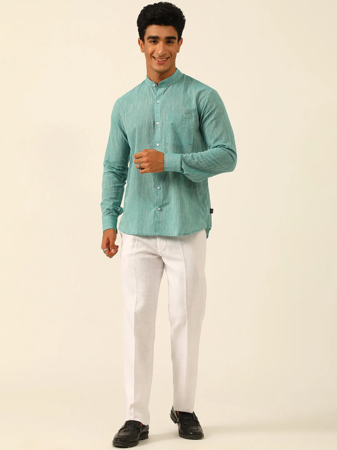 Teal Textured Premium Cotton Linen Regular Fit Solid Shirt